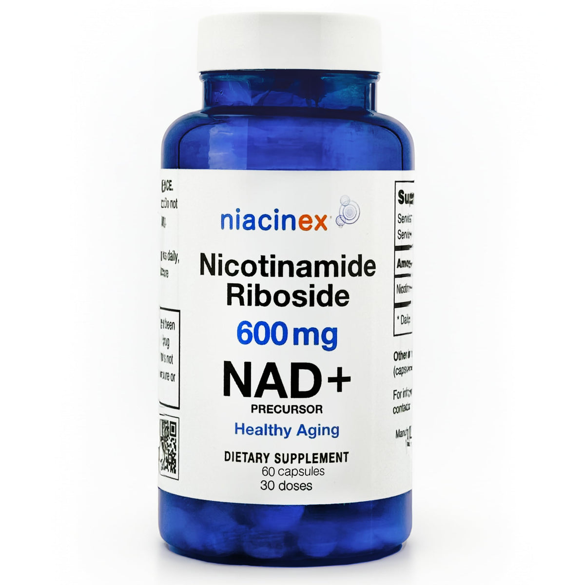 Niacinex NAD Plus 600 mg bottle showing the NR formula for daily vitality support