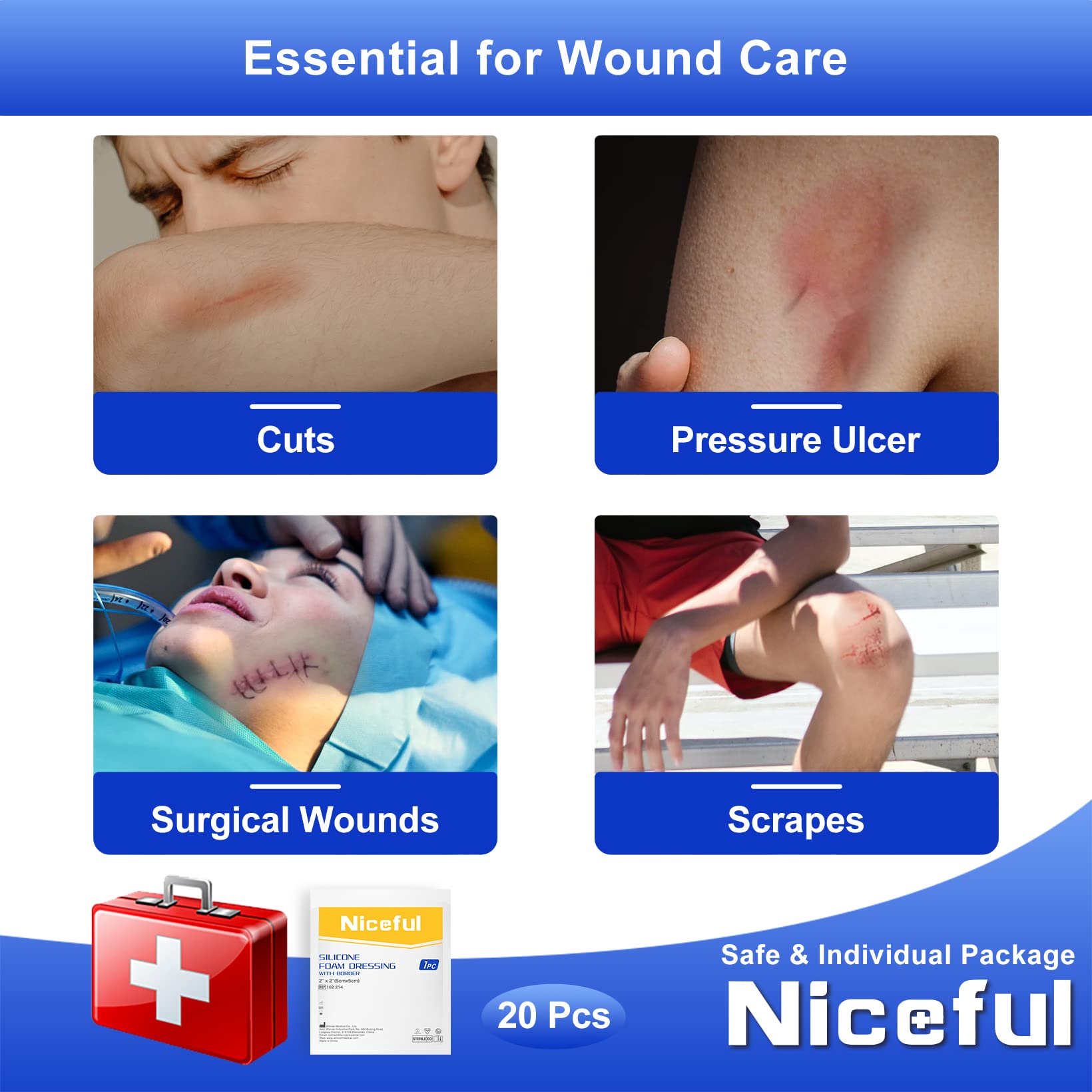 Niceful bed sore bandage 20-count package for versatile wound care scenarios.