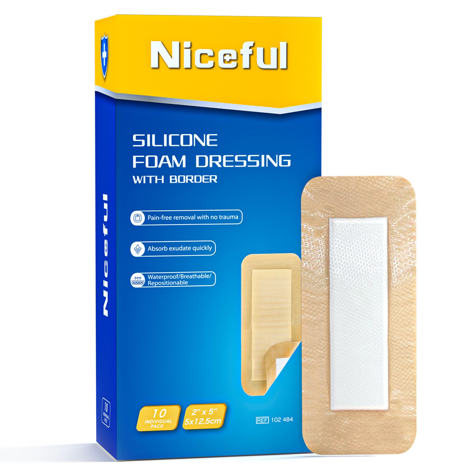 Niceful silicone foam dressing with soft-adhesion for secure wound coverage.