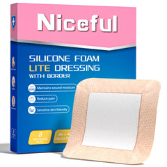 Niceful silicone foam lite dressing applied on wound for gentle protection and comfort.