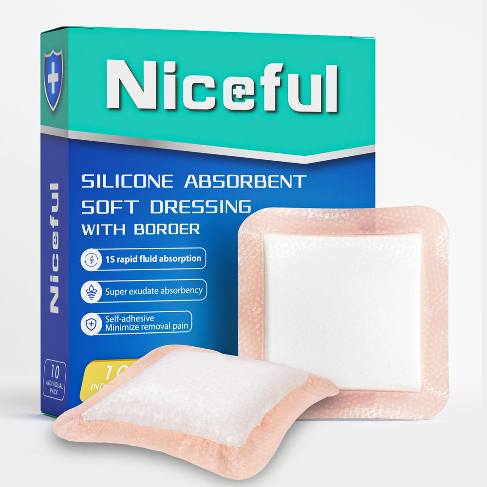 Niceful silicone wound dressing front view, 4x4 pack for heavy exudate management.