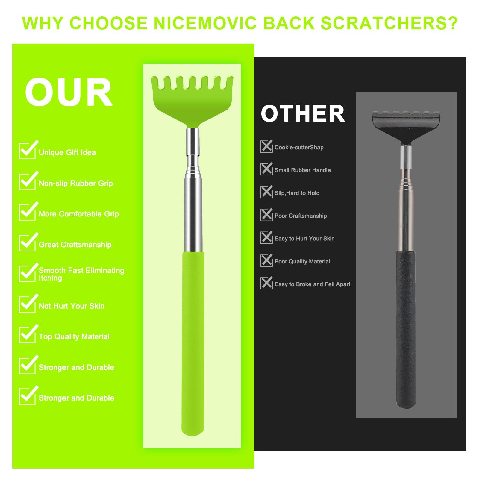 NICEMOVIC back scratcher soft rubber handle for comfortable grip