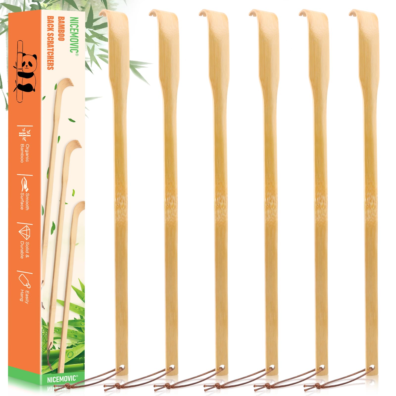 NICEMOVIC rasca espalda de bambú con mango largo para alcance cómodo.