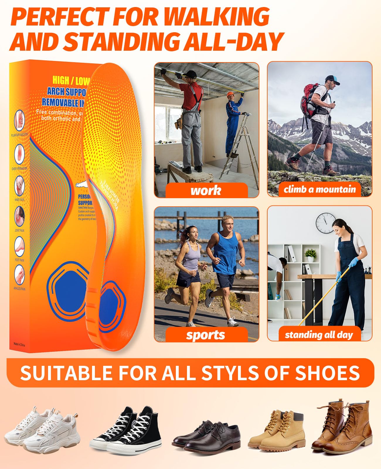 NICEUS stand-for-long-hours insole is suitable for work and travel use.