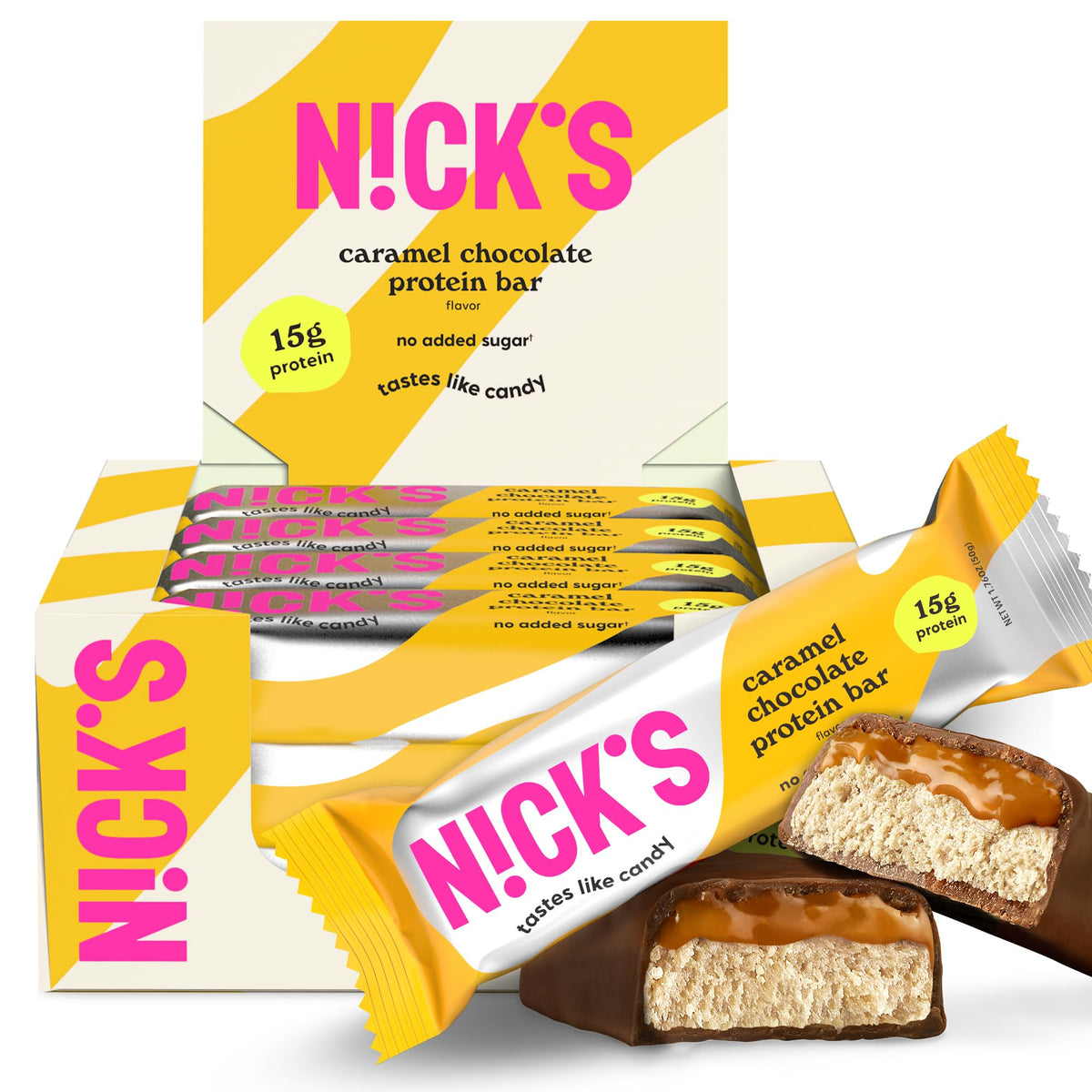 Nick's Chocolate Caramel Bar box front highlights a high-protein, convenient snack.