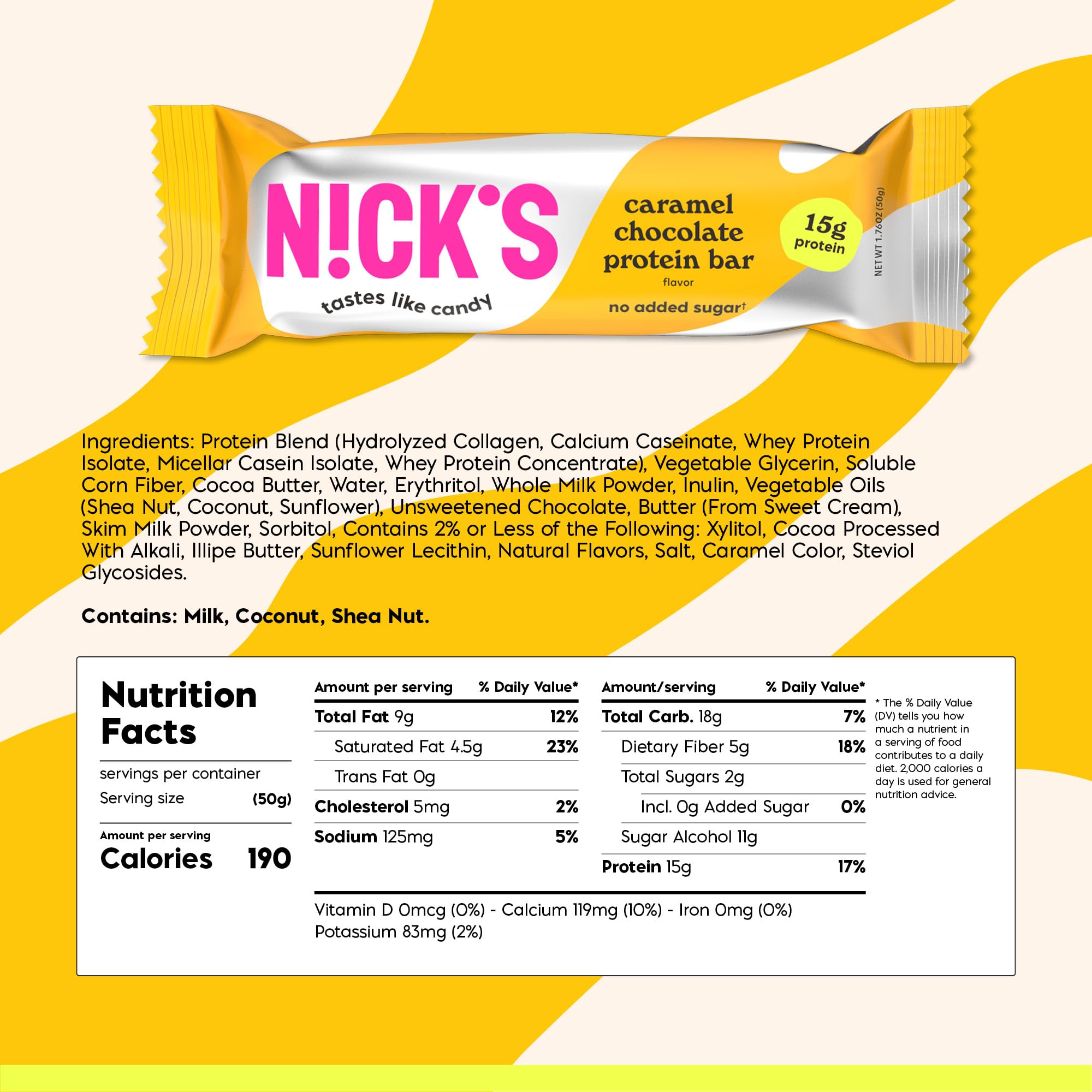 Nick's Chocolate Caramel Bar nutrition panel emphasizes low calories and low carbs for mindful snacking.