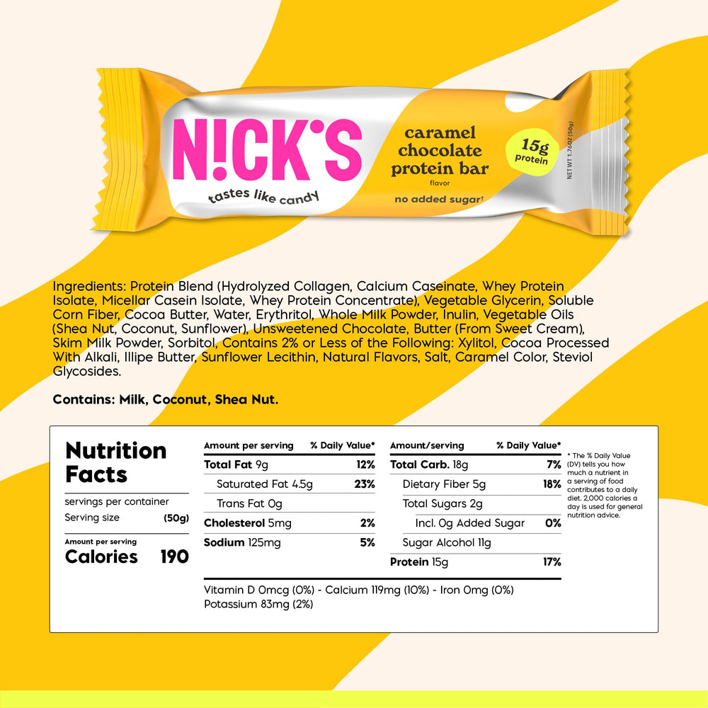 Nick's Chocolate Caramel Bar nutrition panel emphasizes low calories and low carbs for mindful snacking.