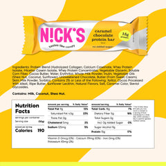 Nick's Chocolate Caramel Bar nutrition panel emphasizes low calories and low carbs for mindful snacking.