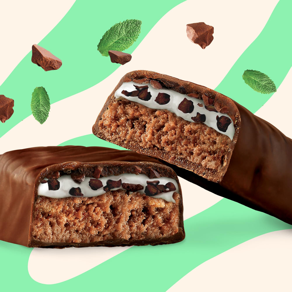 Nick’s Mint Chocolate Bar on gym bag scene promotes convenient daily protein boost.