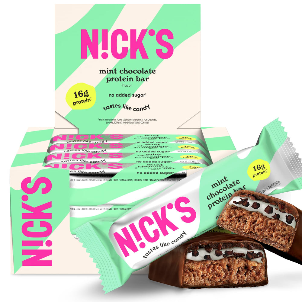 Nick’s Mint Chocolate Protein Bar pack shot—a 12-count box for convenient, high-protein snacking.