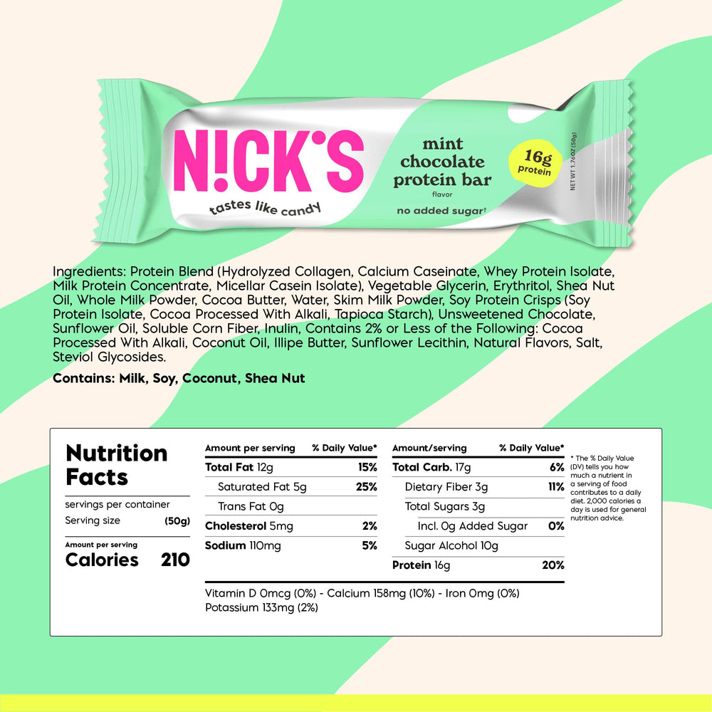 Nick’s Mint Chocolate Bar wrap closeup highlights fresh packaging for keto-friendly snacking.