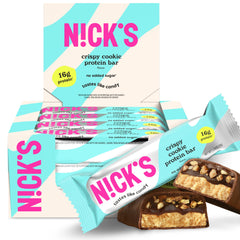 Nick's Protein Bars Crispy Cookie Chocolate front view highlights rich peanut butter flavor and protein