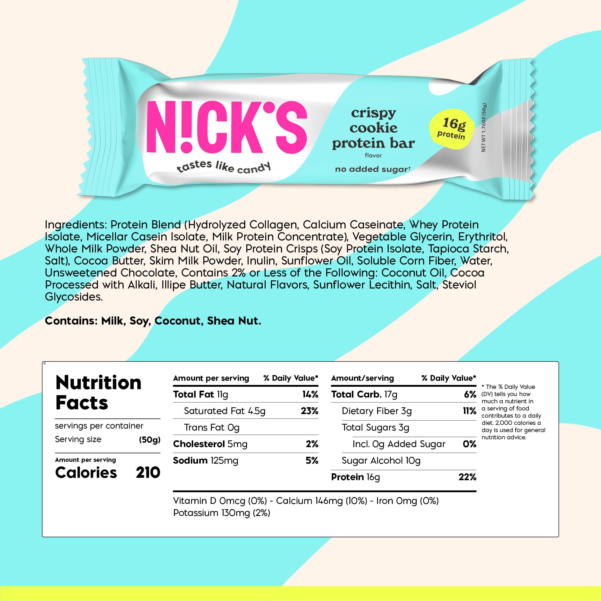 Nick's Crispy Cookie Chocolate bar nutrition panel close-up shows 15g protein