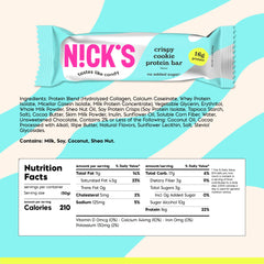 Nick's Crispy Cookie Chocolate bar nutrition panel close-up shows 15g protein
