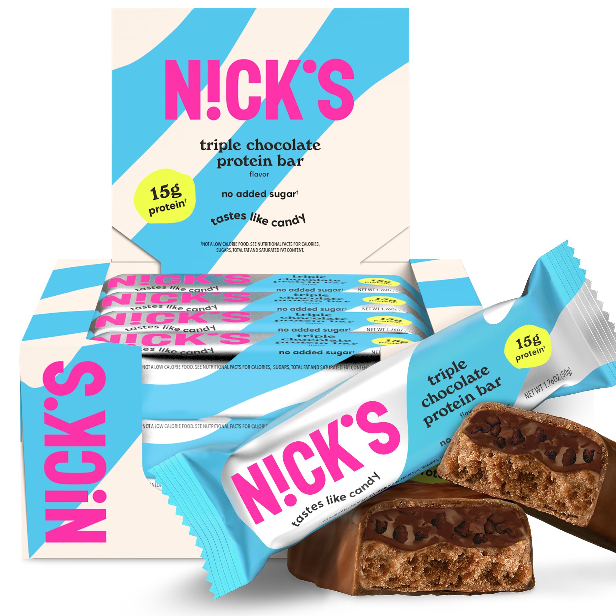 Nick’s Triple Chocolate bar 12-pack on shelf shows high protein and keto-friendly profile.