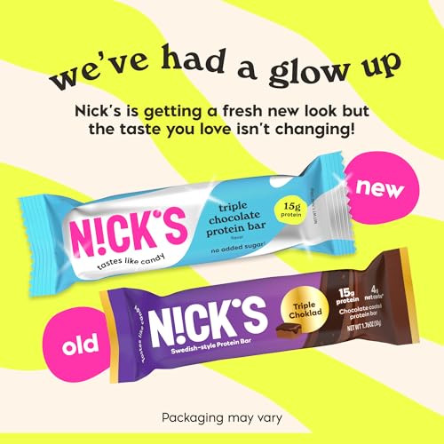 Nick’s Triple Chocolate bar wrapped packaging highlights convenient twelve-bar box.