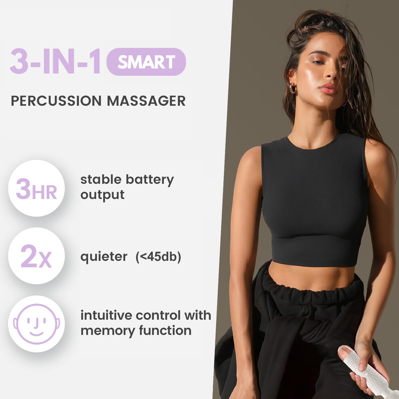 Niclove 3-in-1 massager charging scene illustrating 3-hour battery life