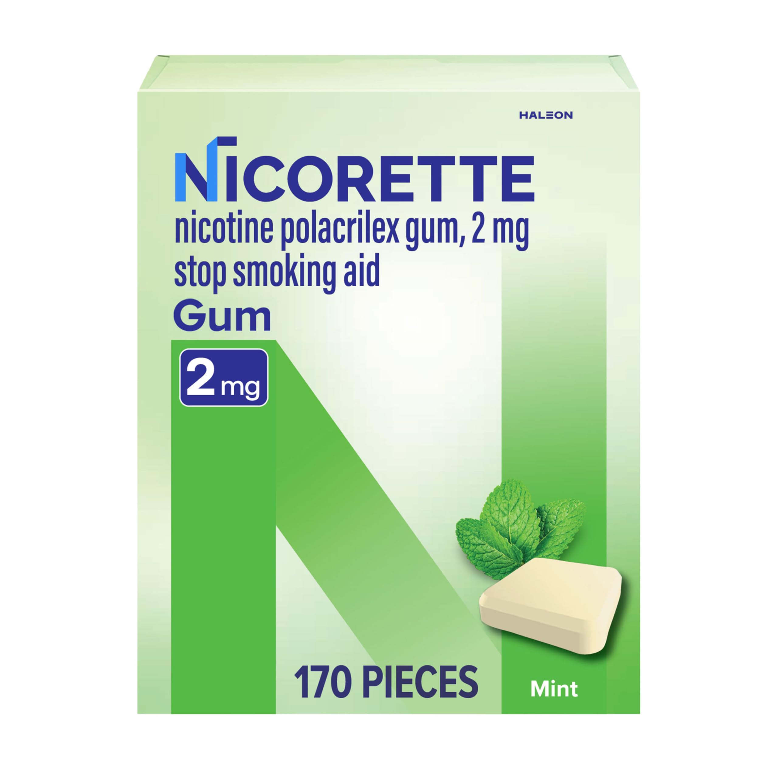 Nicorette 2mg Mint Gum 170-count box shown for cravings management and quit support.
