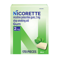 Nicorette 2mg Mint Gum 170-count box shown for cravings management and quit support.