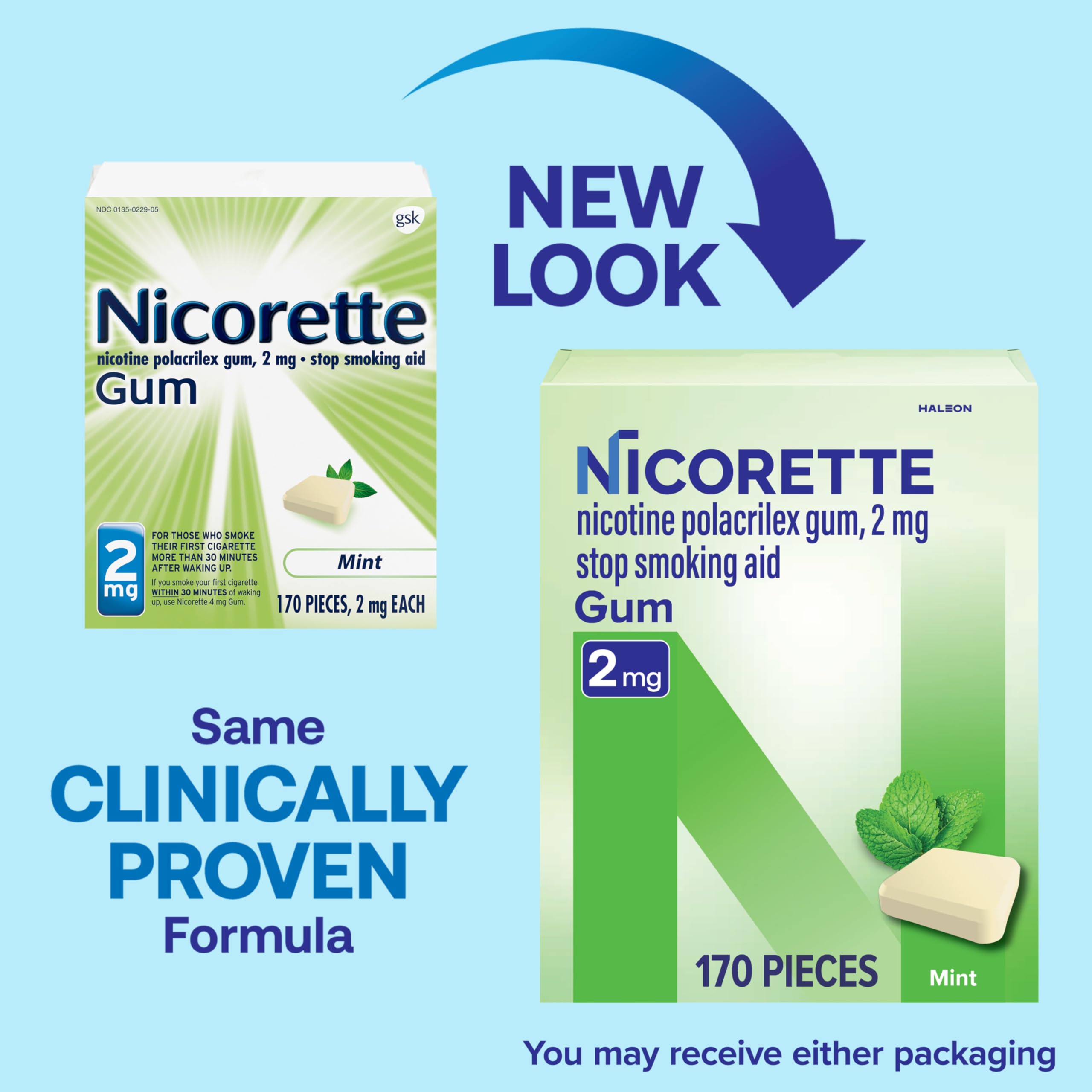 Nicorette 2mg Mint Gum back view shows packaging details and quit support features.