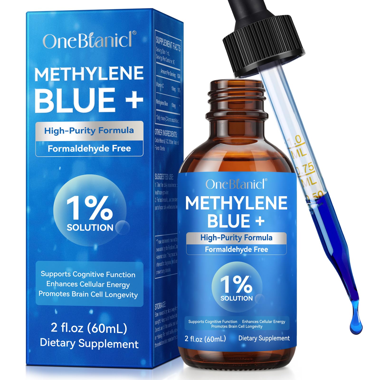 NIFEISHI Methylene Blue Drops bottle with pour, supporting daily cognitive focus.