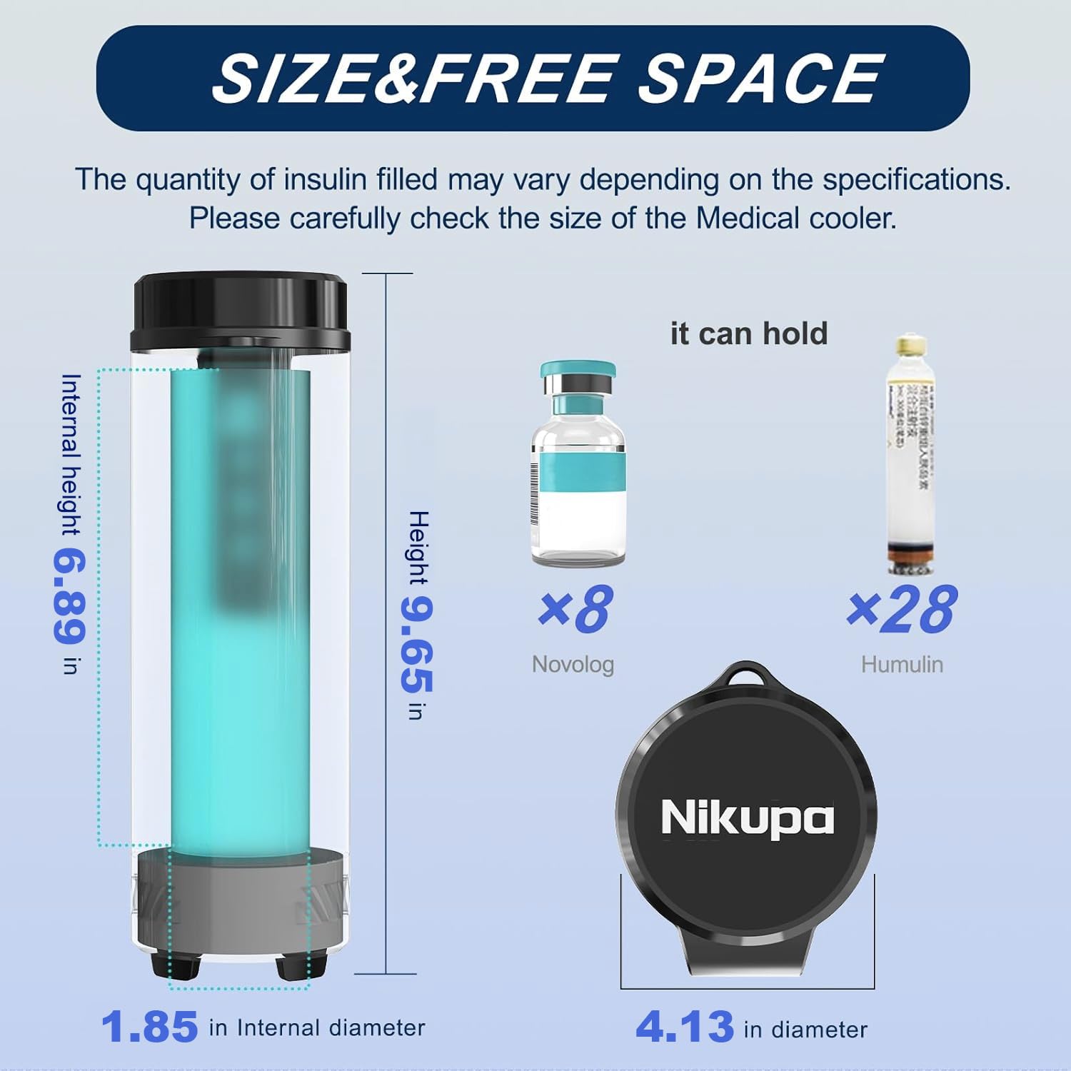 Nikupa insulin cooler travel case interior; organized compartments for multiple vials and up to 6 pens.