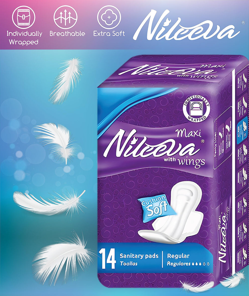 Nileeva Care Maxi pads with wings are individually wrapped for discreet on-the-go protection.