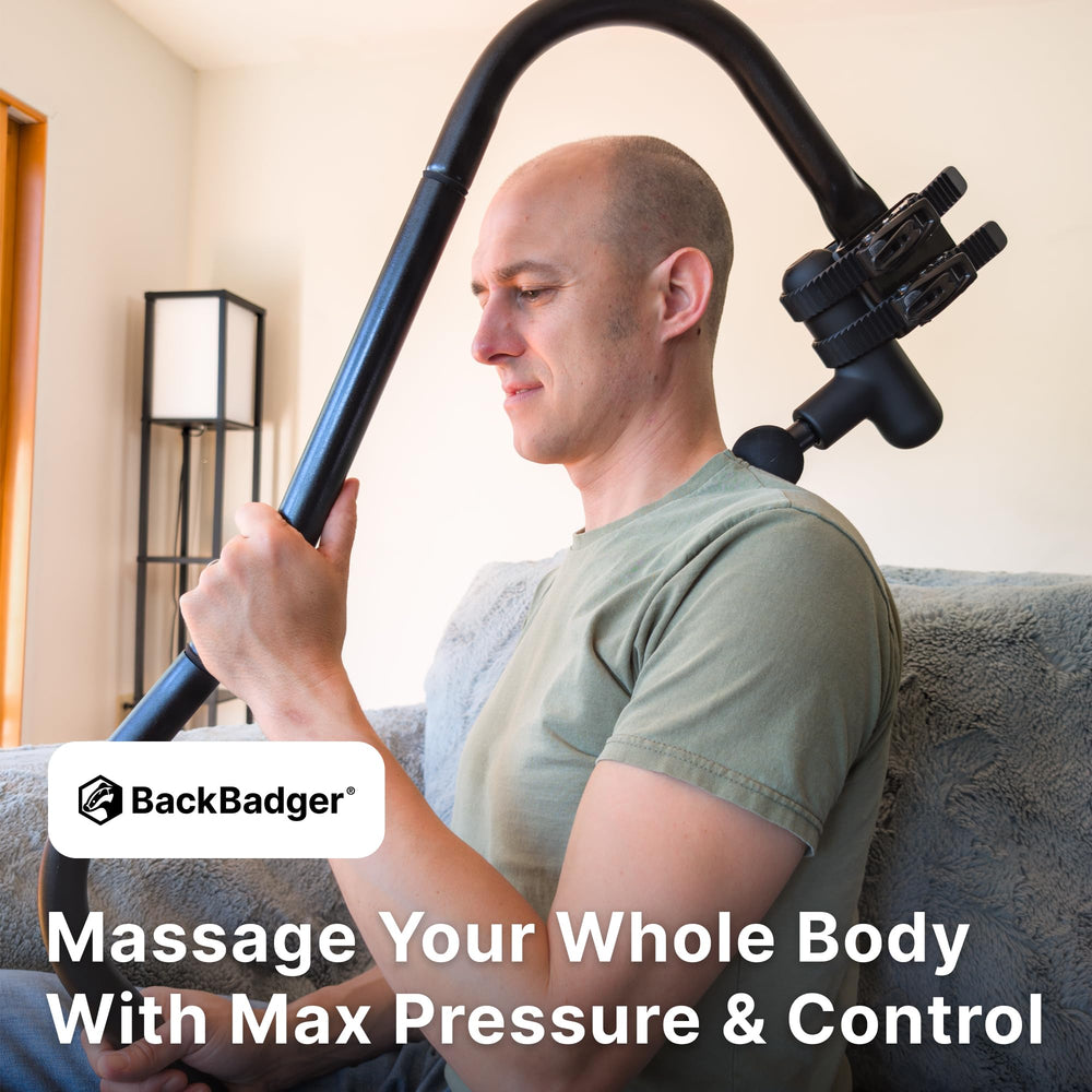 Ninefold Design BackBadger ergonomic grip for comfortable self-massage.