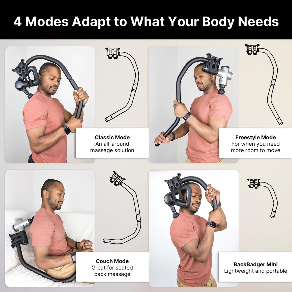 BackBadger Flex compatible with most massage guns for versatile setups.