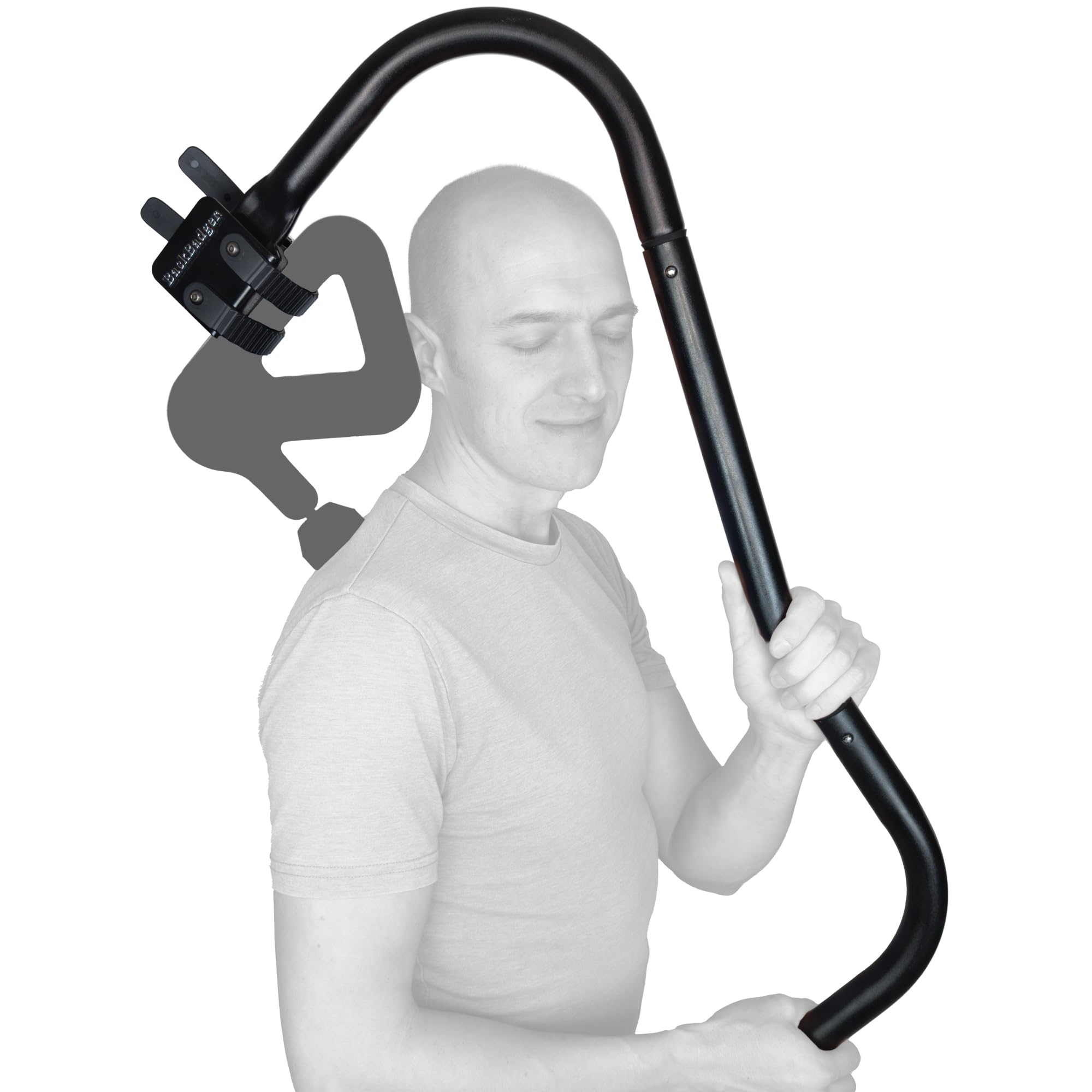 Ninefold Design BackBadger holster strap secures the massage gun during back sessions.