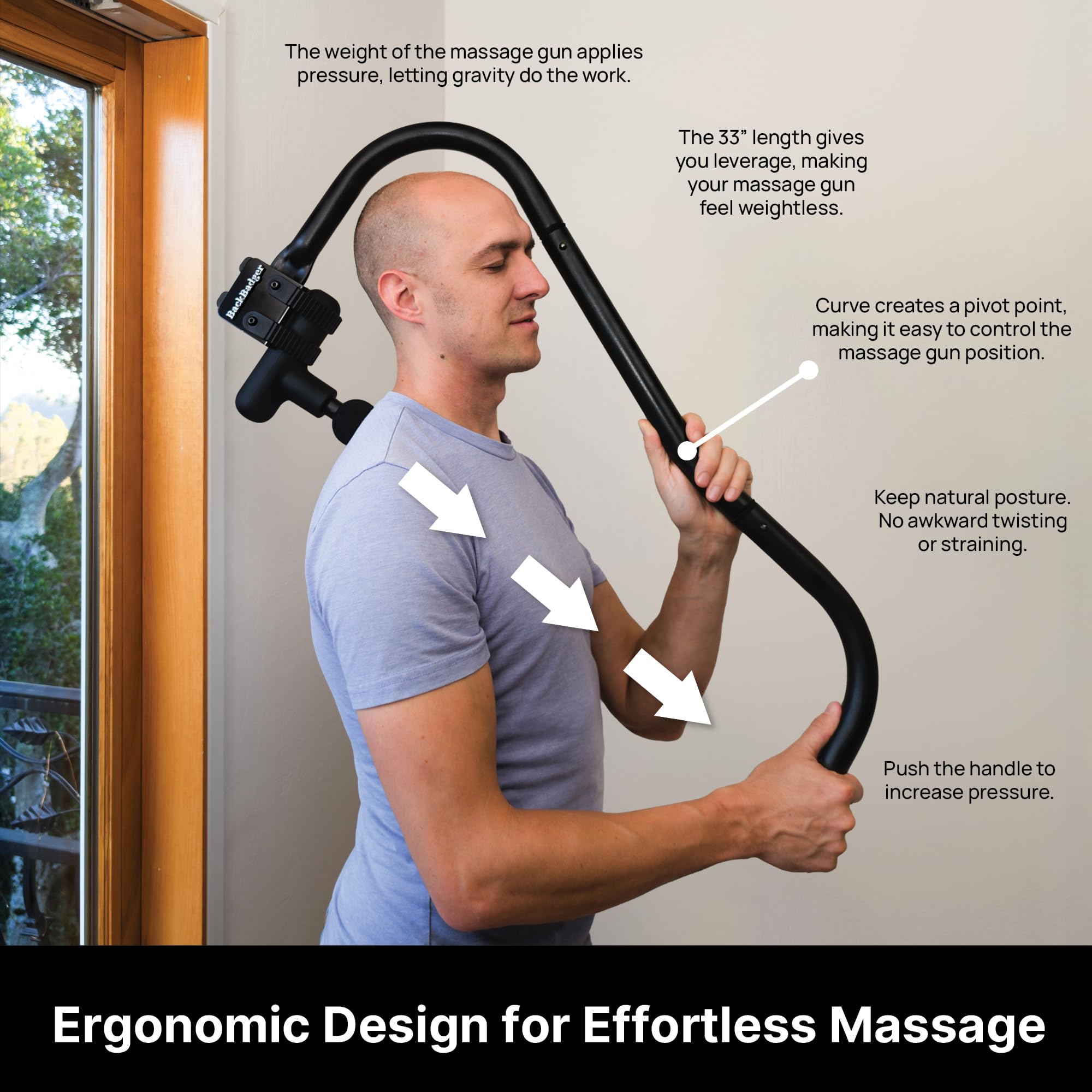 Ninefold Design BackBadger universal compatibility fits most massage guns.