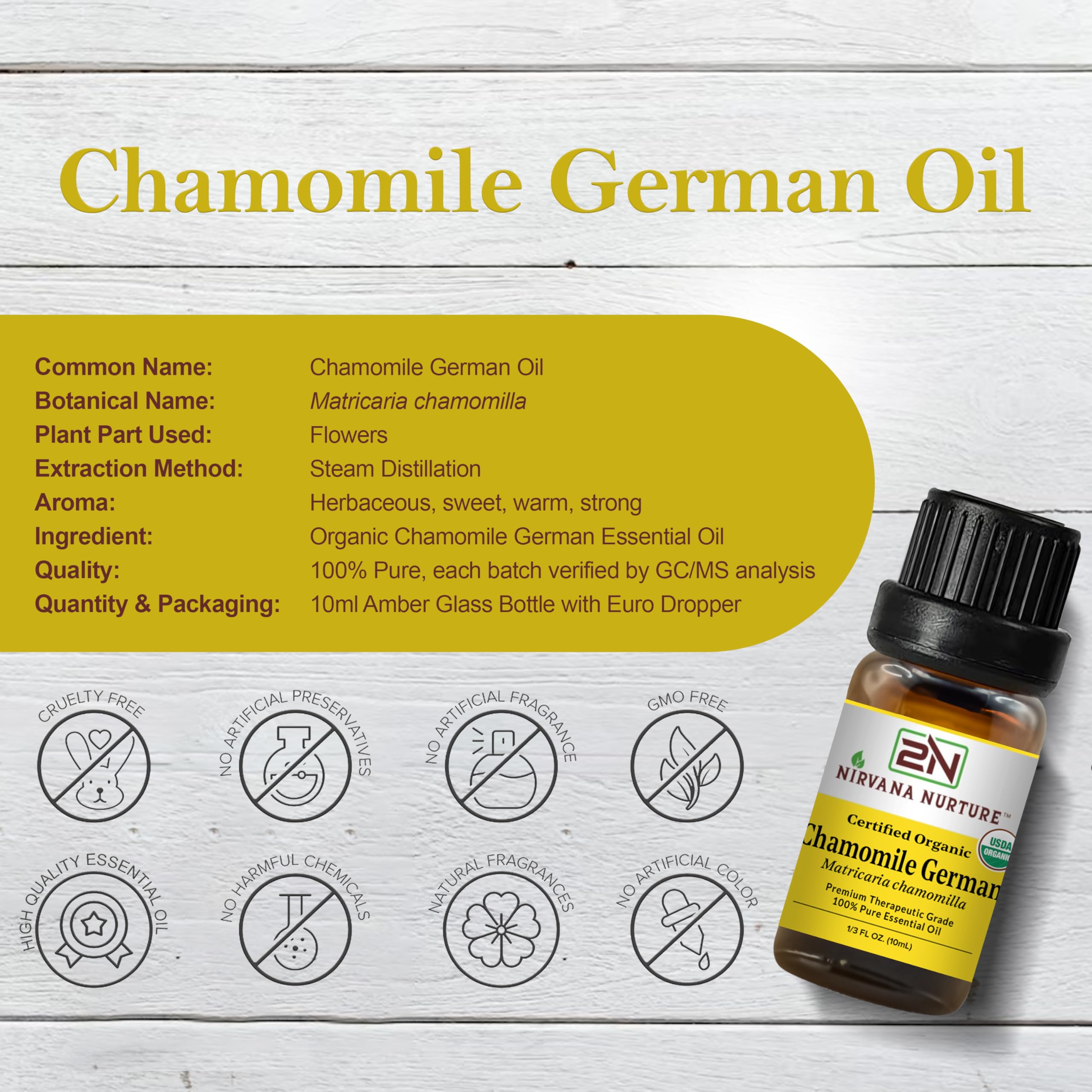 Nirvana Nurture Chamomile German essential oil dropper highlights purity and premium quality