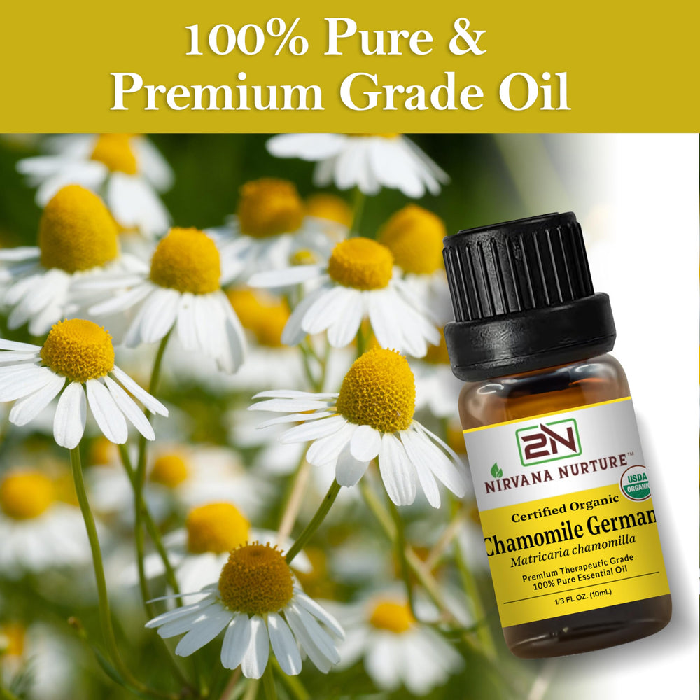 Nirvana Nurture Chamomile German essential oil used in hair care for soothing shine