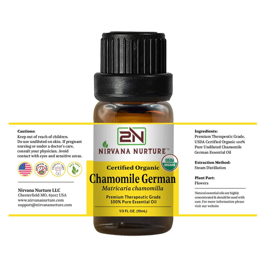 Nirvana Nurture Chamomile German essential oil packaging emphasizes organic sourcing