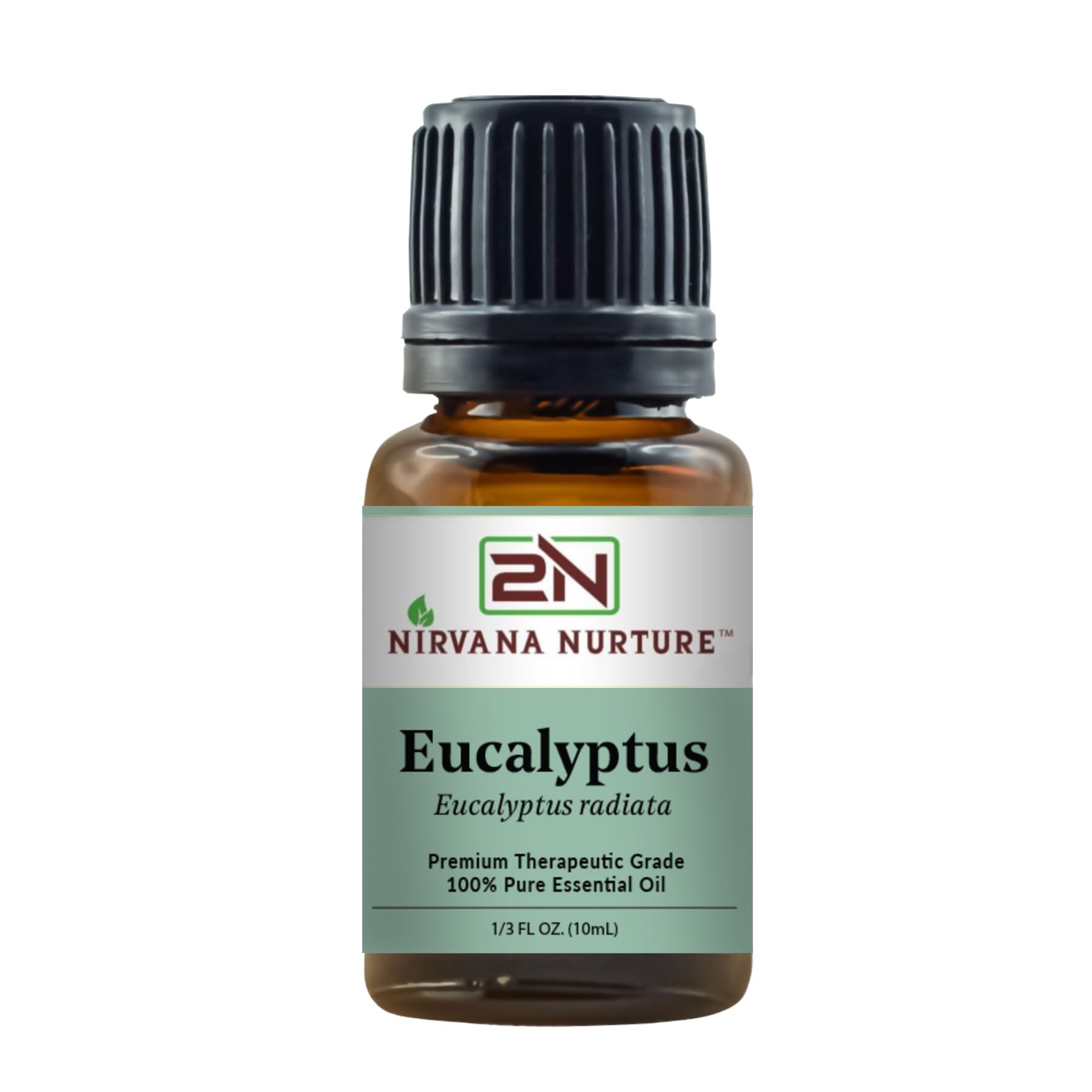 Nirvana Nurture Eucalyptus oil bottle close-up, showcasing purity and quality.