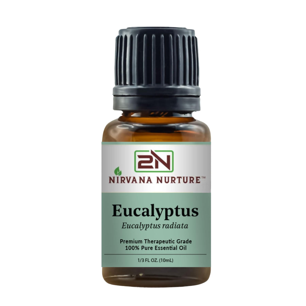 Nirvana Nurture Eucalyptus oil bottle close-up, showcasing purity and quality.