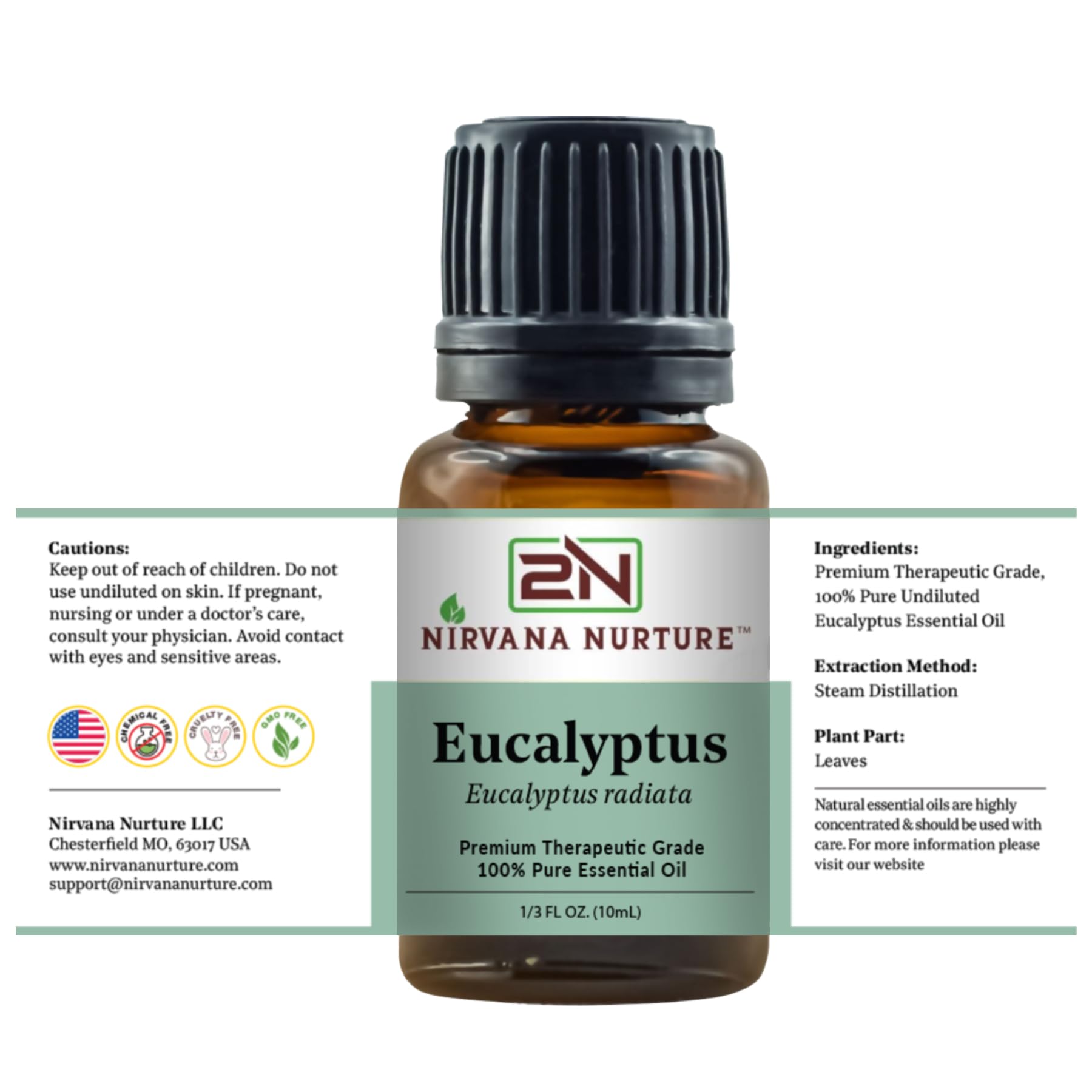 Nirvana Nurture Eucalyptus oil cruelty-free packaging highlights ethical sourcing.
