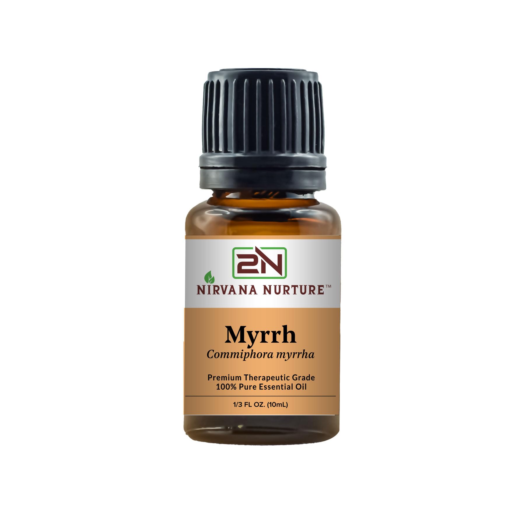 Nirvana Nurture Myrrh oil bottle closeup illustrating purity for calm and skin care.