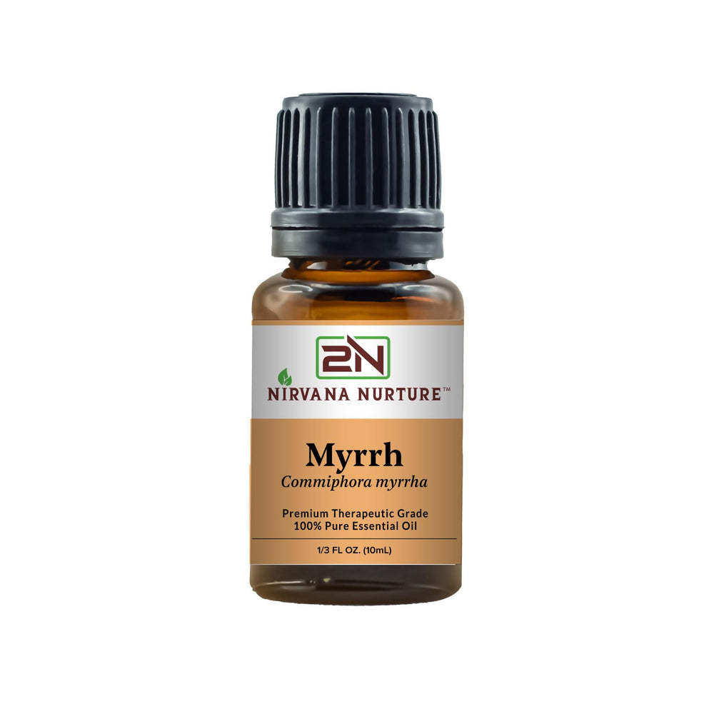 Nirvana Nurture Myrrh oil bottle closeup illustrating purity for calm and skin care.