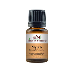 Nirvana Nurture Myrrh oil bottle closeup illustrating purity for calm and skin care.