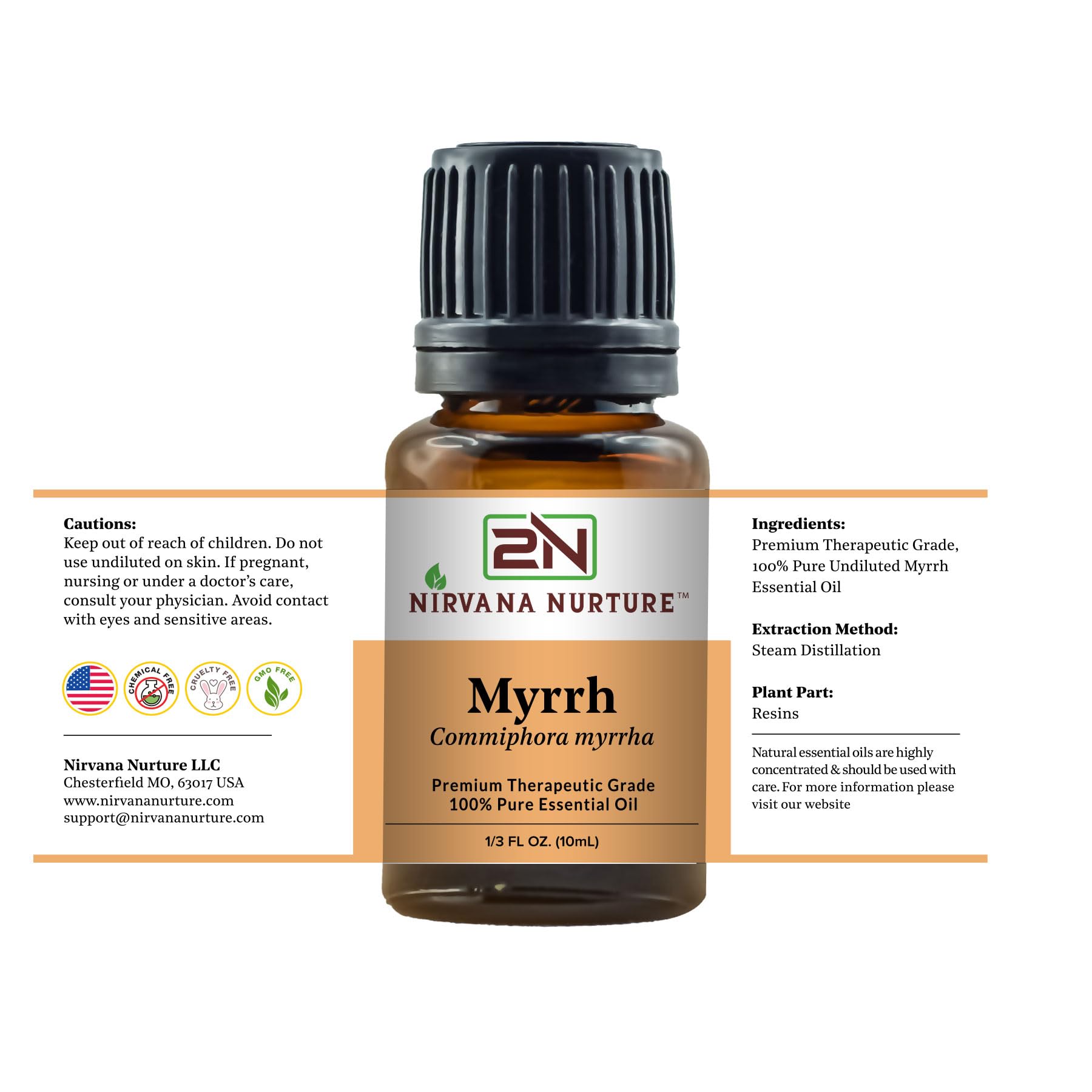 Nirvana Nurture Myrrh brand label on packaging underscoring purity and transparency.