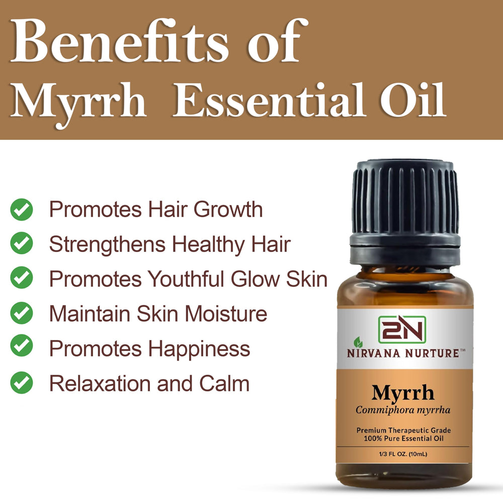 Nirvana Nurture Myrrh oil drops pouring highlighting easy usage and premium quality.