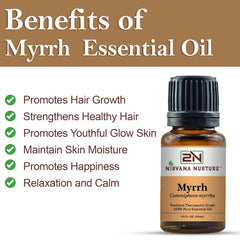 Nirvana Nurture Myrrh oil drops pouring highlighting easy usage and premium quality.