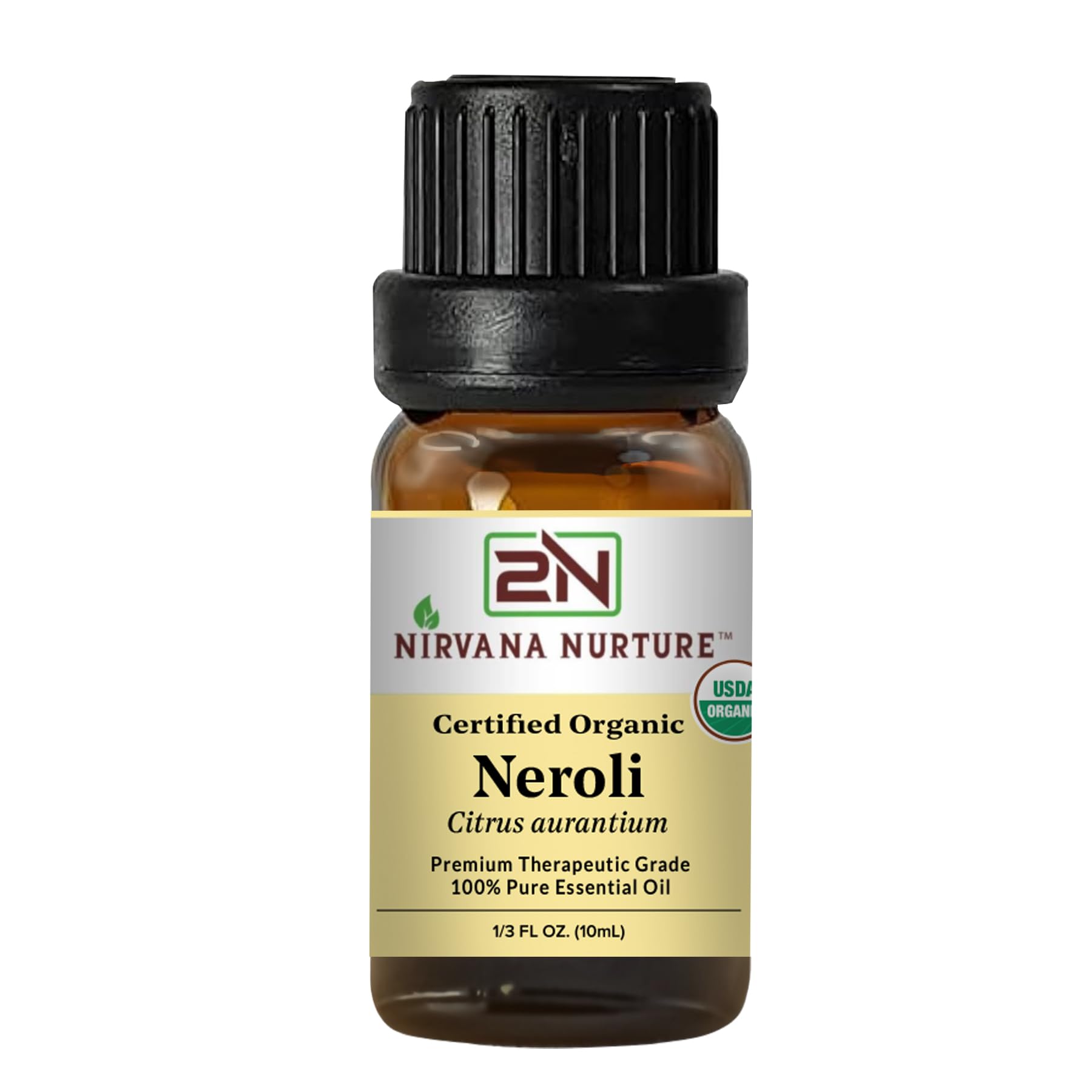 Nirvana Nurture Neroli Oil bottle shows pure organic formula for daily use.