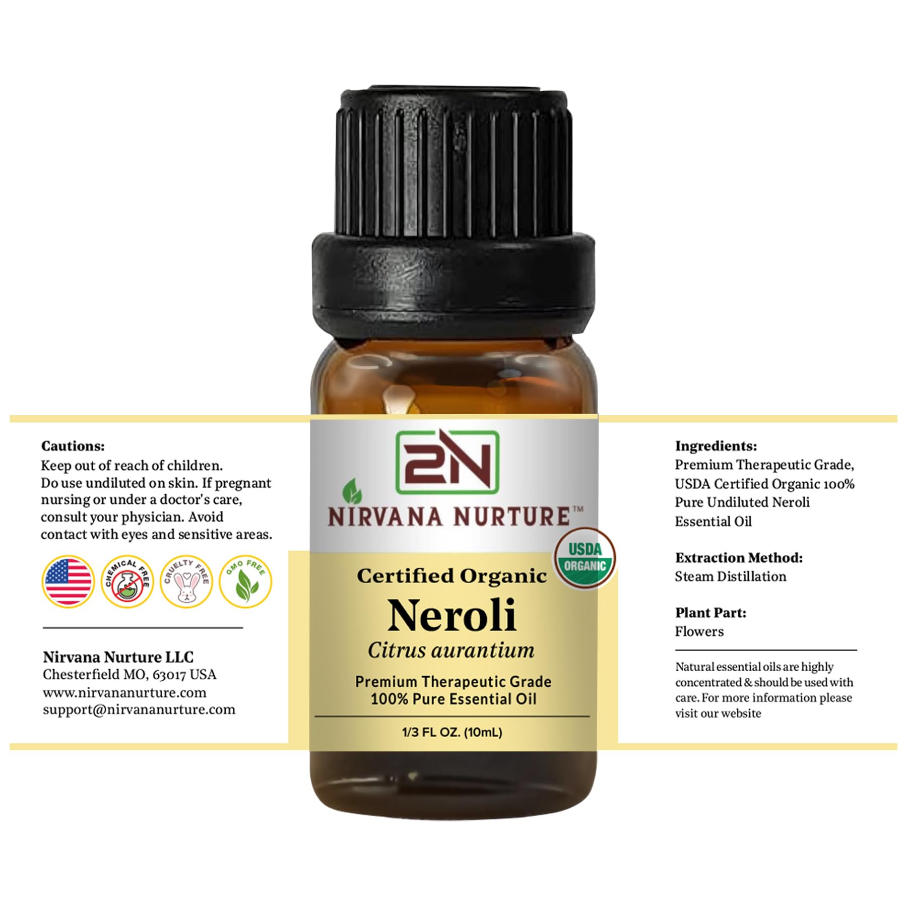 Nirvana Nurture Neroli Oil USDA Organic seal signals purity and transparency.