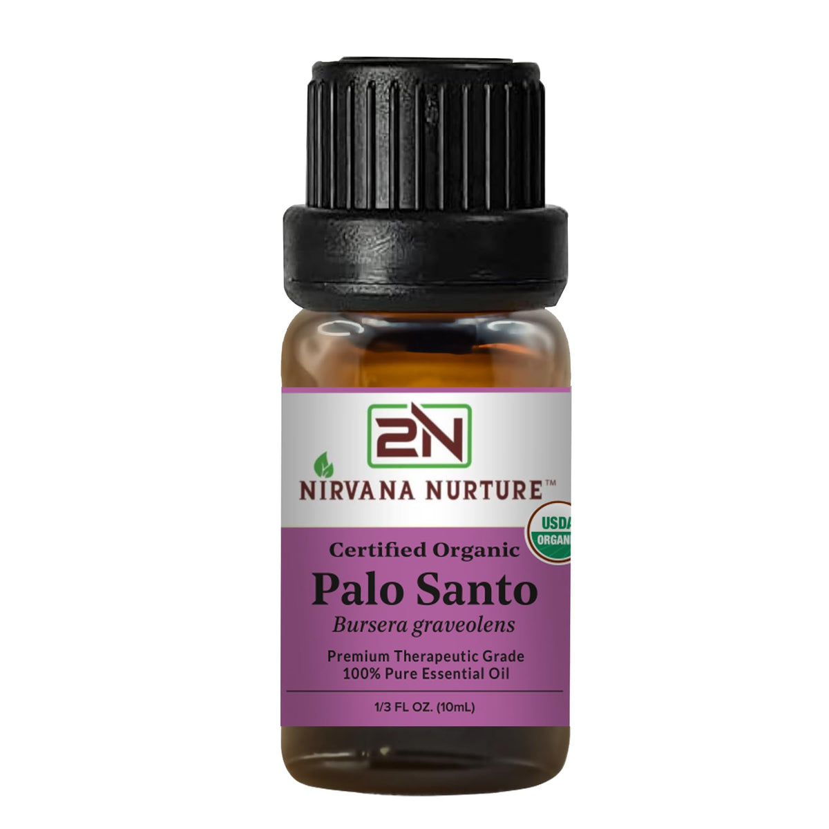 Nirvana Nurture Palo Santo oil bottle close-up showing premium purity