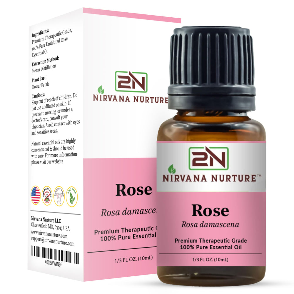 Nirvana Nurture Rose oil packaging box highlighting purity and premium quality