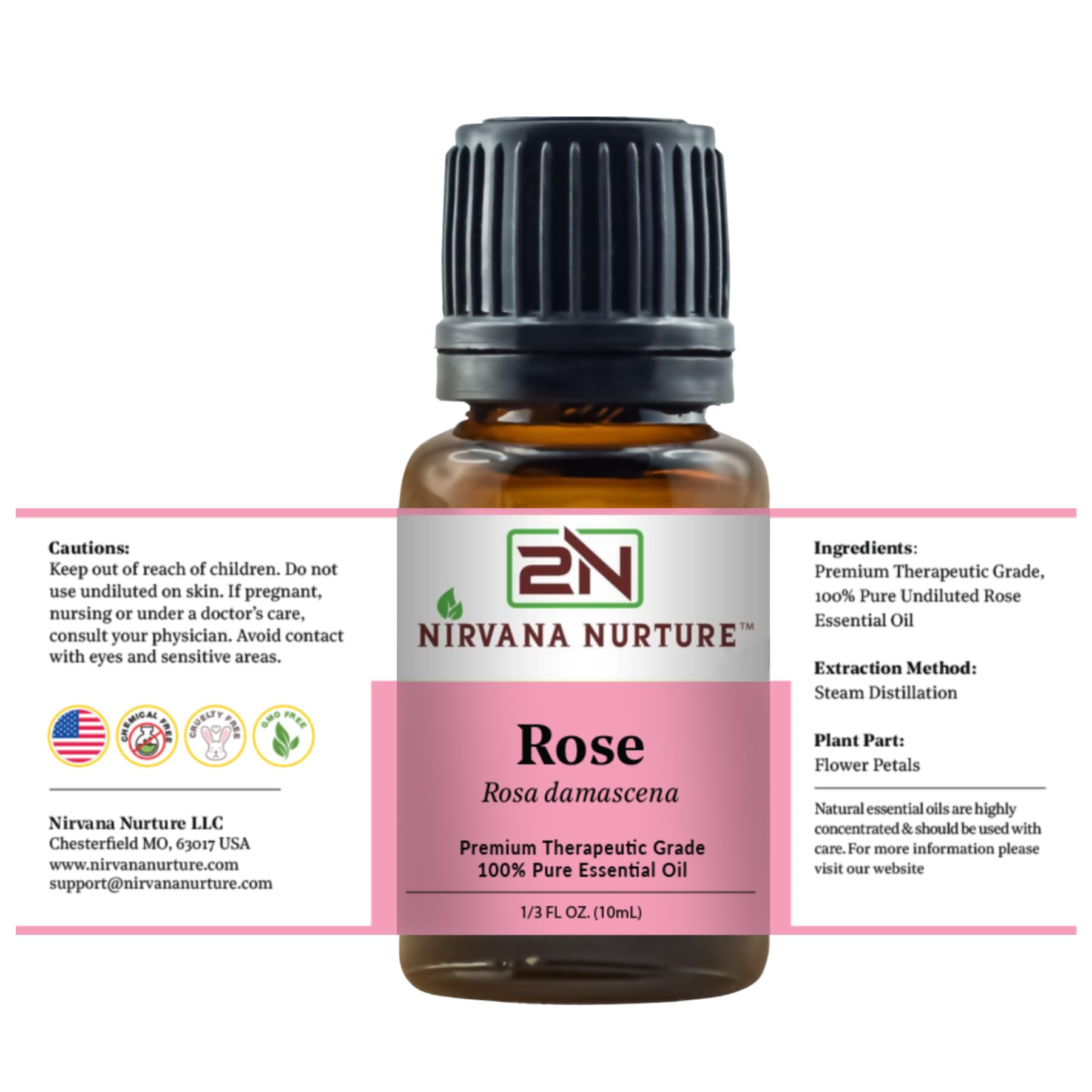 Nirvana Nurture Rose oil with rose petals elegant display for spa vibes