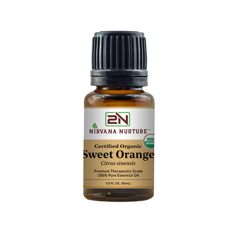 Nirvana Nurture Sweet Orange oil bottle closeup, indicating purity and organic quality.