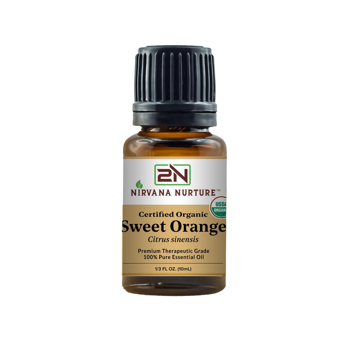 Nirvana Nurture Sweet Orange oil bottle closeup, indicating purity and organic quality.